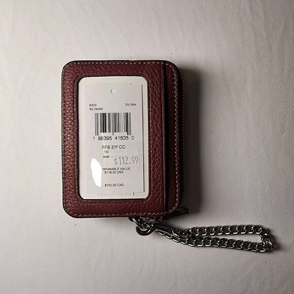 COACH 6303 Zip Card Case ID Wallet Refined Pebble Leather Silver/Wine - Picture 2 of 4